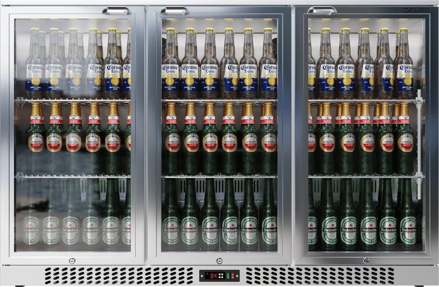 CUBO Barkoelkast 324L 3 Scharnierende glazen deuren RVS Afsluitbaar met slot 315 Flessen Energiezuinig CS-320H-S-EE Frigo