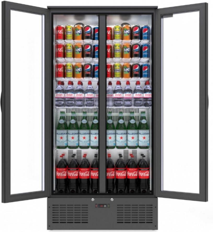 CUBO Drankenkoelkast 477L Zwart met RVS binnenkant 2 glazen deur met LED-verlichting Afsluitbaar met slot Energiezuinig CS-510H