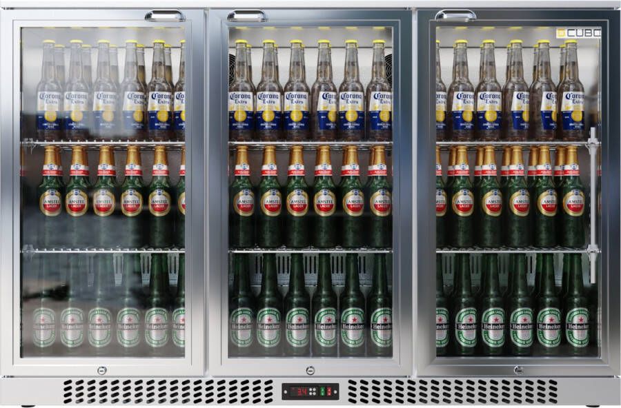 CUBO Barkoelkast 324L 3 Scharnierende glazen deuren RVS Afsluitbaar met slot 315 Flessen Energiezuinig CS-320H-S-EE Frigo