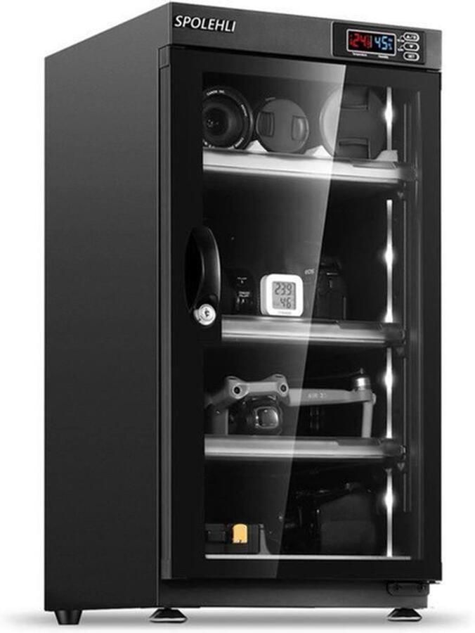 Droogkast Voor Camera's 55 Liter Draagbare Luchtontvochtiger 5 Watt Vermogen Metaal En Gehard Glas Voor Residentieel Gebruik