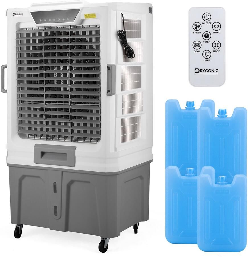 Dryconic Professionele Luchtkoeler 20.000 m³ u – Mobiele Air Cooler met 145L Watertank – Inclusief Afstandsbediening & 4 Koelelementen – Voor Werkplaats Horeca Magazijn & Evenementen – HydroCool System