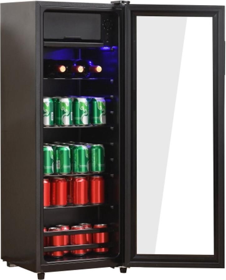 128lmini koelkast 8l kast+120L koelkast bevat 94 doses limonade water bier of wijn. Ruis -laag werking compressor koelsysteem energie -efficiënt verstelbare planken blauw