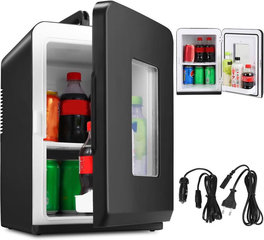 15L Mini koelkast 2-in-1 Minibar Koel & warm AC DC 230V 12V Draagbare Mini Autokoelkast Voor Auto Kantoor Camping & Thuis Eten Drinken Zwarte Glazen Deur