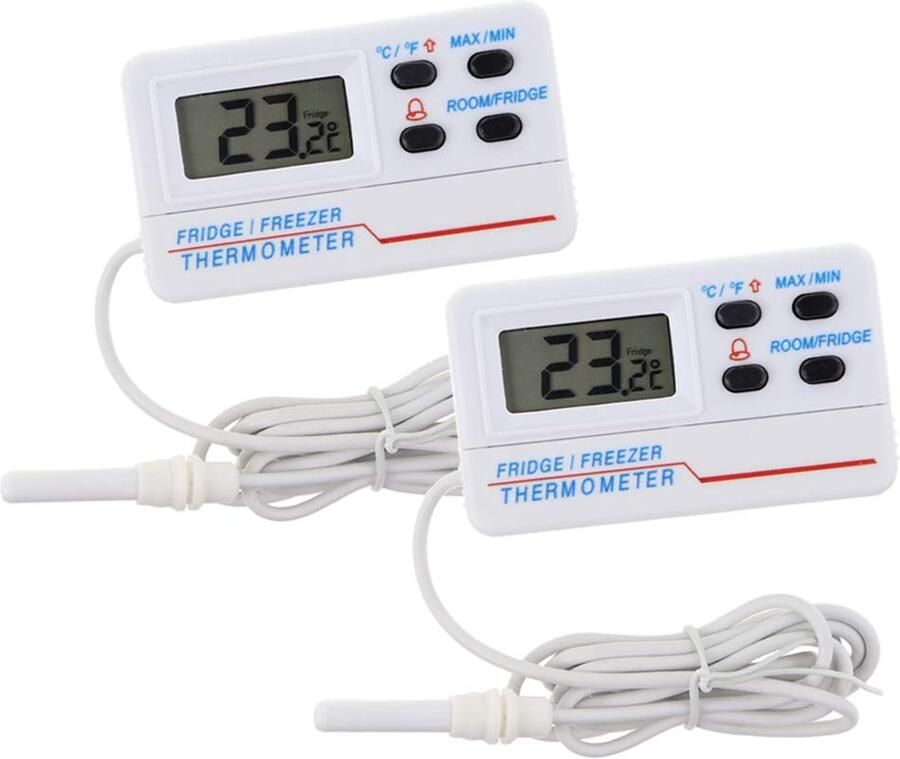 2 stuks digitale koelkast met vriesthermometer met temperatuurwaarschuwingsalarm en max min-functie en 1 2 m kabel koelkasttemperatuurmeter om de opslag van gekoeld voedsel te bewaken