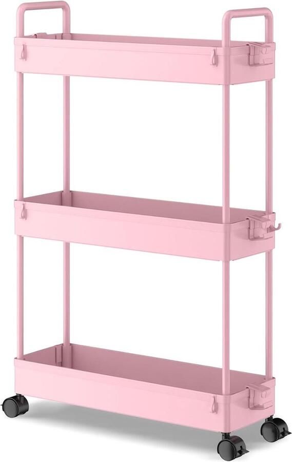 3-Tier Slide-out Slim Rolling Utility Cart Organizer voor Keuken en Badkamer Roze Wasmachine rek