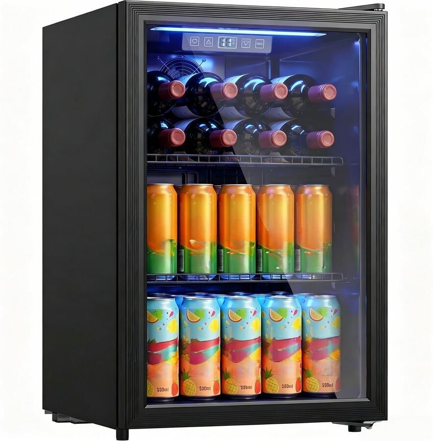 70L Drankenkoelkast Zwart Dubbele Glazen Deur UV-bescherming 2 Verstelbare Roosters LED Display Verlichting 2-18°C- Instelbaar Stille 43dB Vrijstaande Mini Koelkast voor Kantoor Slaapkamer Bar