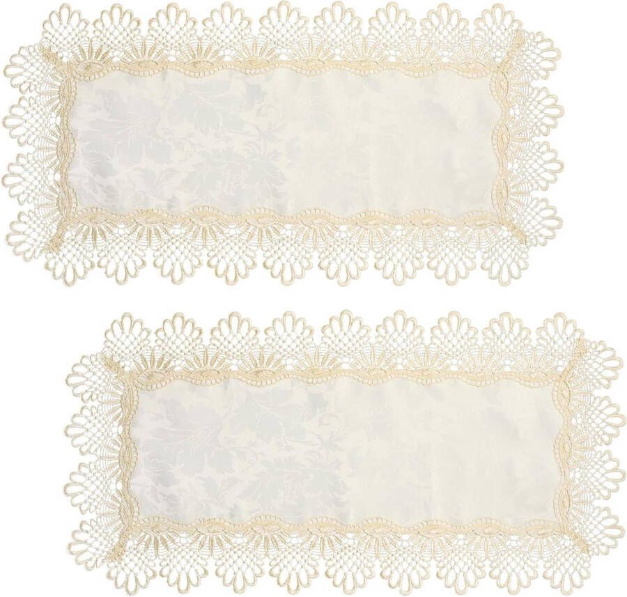 Allecto Plus Set van 2 witte kant tafelkleden met gouden rand rechthoekig geschikt voor wasmachine en koelkast stofhoes 40 x 85 cm