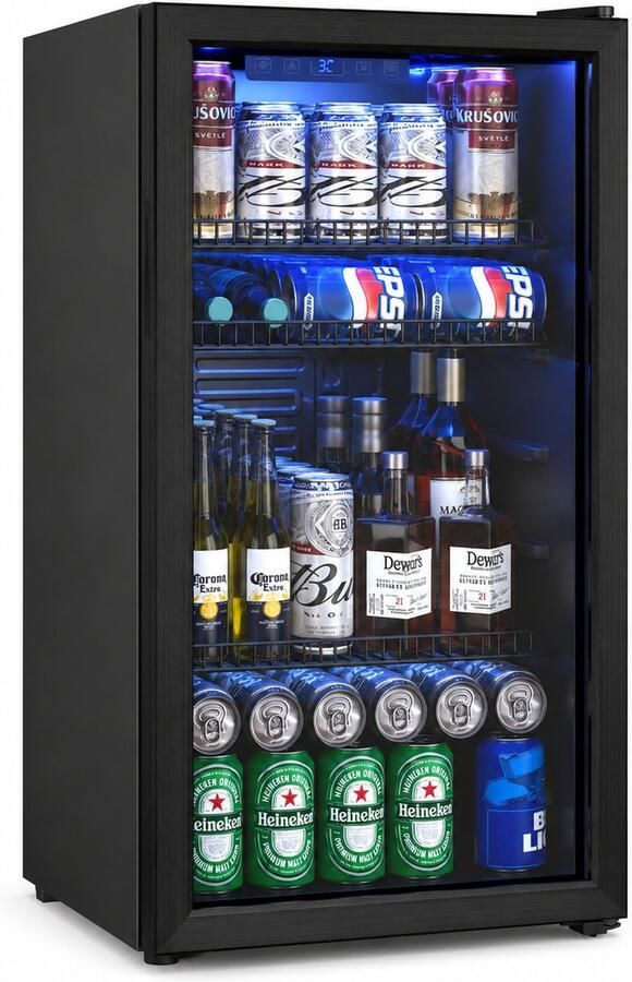 Celestul Drankenkoelkast Mini Koelkast voor Bier Wijn & Frisdrank 126 Blikjes Glazen Deur LED Stil Instelbare Temperatuur 90L 49×44 5×78cm Zwart - Foto 2