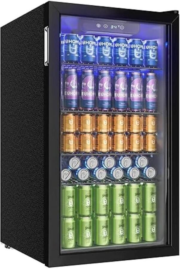 Celestul Drankenkoelkast Mini Koelkast voor Bier Wijn & Frisdrank 126 Blikjes Glazen Deur LED Stil Instelbare Temperatuur 90L 49×44 5×78cm