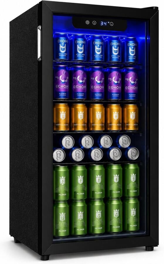 Celestul Drankenkoelkast Mini Koelkast voor Bier Wijn & Frisdrank 126 Blikjes Glazen Deur LED Stil Instelbare Temperatuur 90L 49×44 5×78cm Zwart