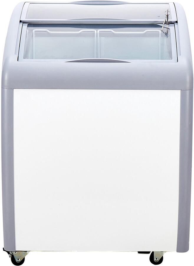 Commerciële Ijsvitrine 665 X 705 X 875 mm Mobiele Vriezer van 154 L met Glazen Bovenblad 2 metalen Manden 2 Glazen Schuifdeuren En Vergrendelbare Wielen Wit