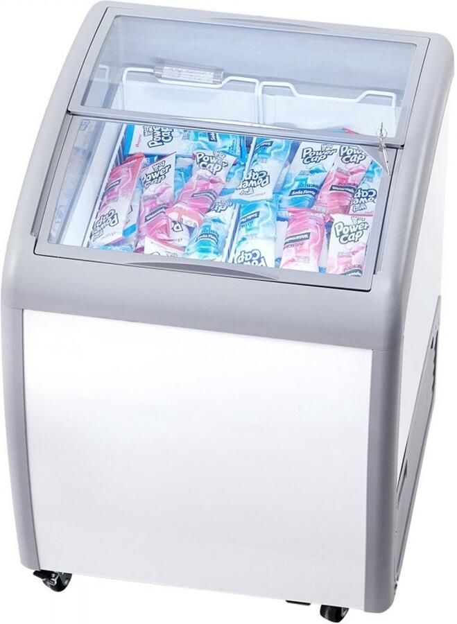 Commerciële Ijsvitrine Diepvrieskist Gelato Dipkast 154 Liter Glazen Bovenkant 2 Glazen Schuifdeuren 2 Draadmandjes Vergrendelbare Wielen Wit