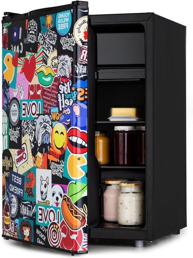 Compacte Koelkast Kleine Koelkast Koelbox Keuken Koelen Opslaan VividArt Stickerbom Design 70 Liter Zwart