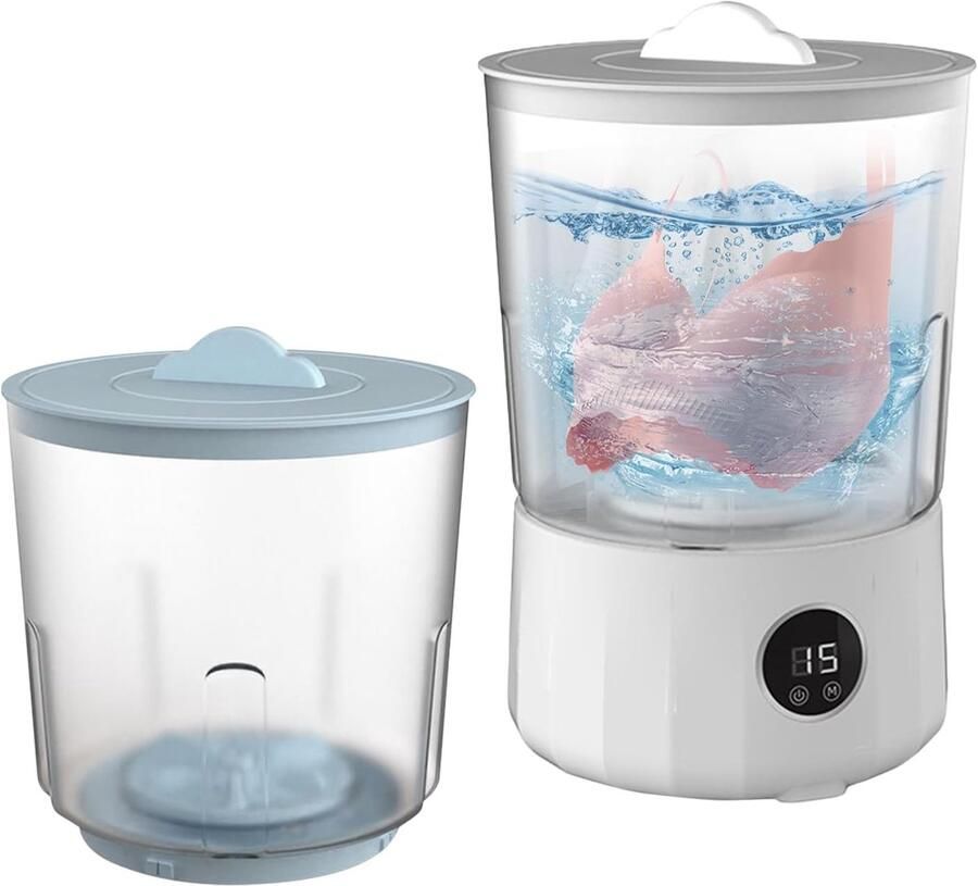 Compacte Wasmachine Draagbare Unit Reizen Kamperen Twee Emmers 1.5 Liter Wit Blauw