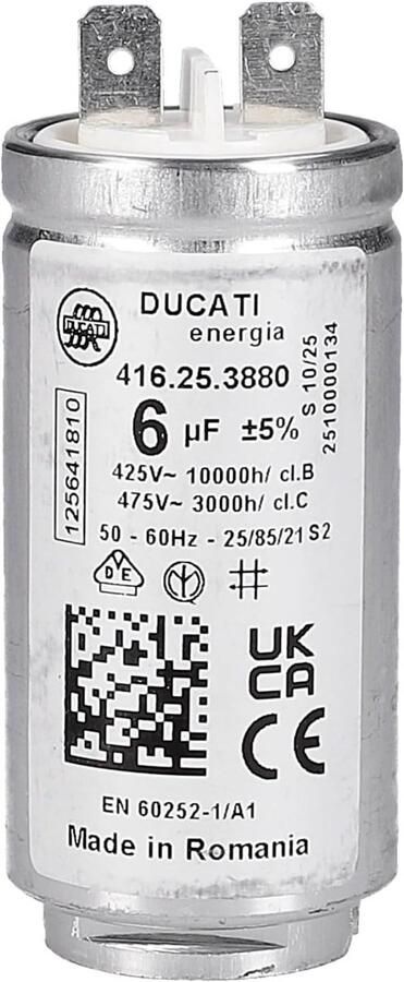 Condensator Startcondensator Droger Reparatie 6 µF 425V 72x30x30mm Zwart