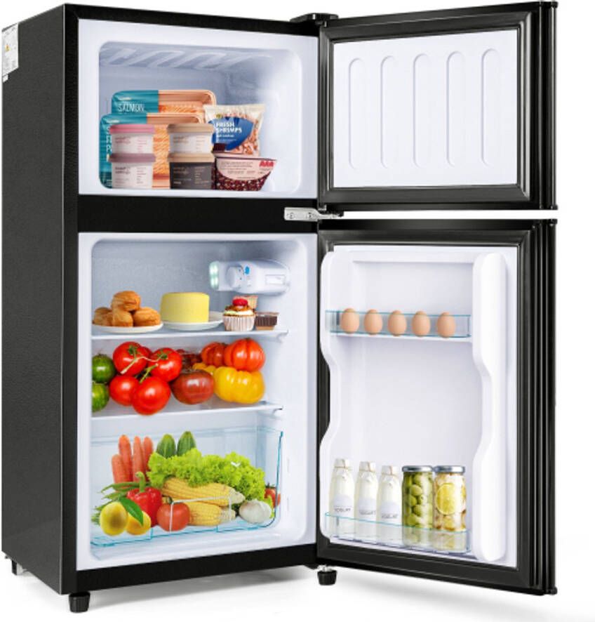 Cool en vriezercombinatie 86 8 cm hoog 45 5 cm breed dubbele deur met een totaal van 60 liter 22 liter vriezervolume 38 liter koelvolume. 102 kWh jaar LED -licht. Premium zwart [energieklasse e]