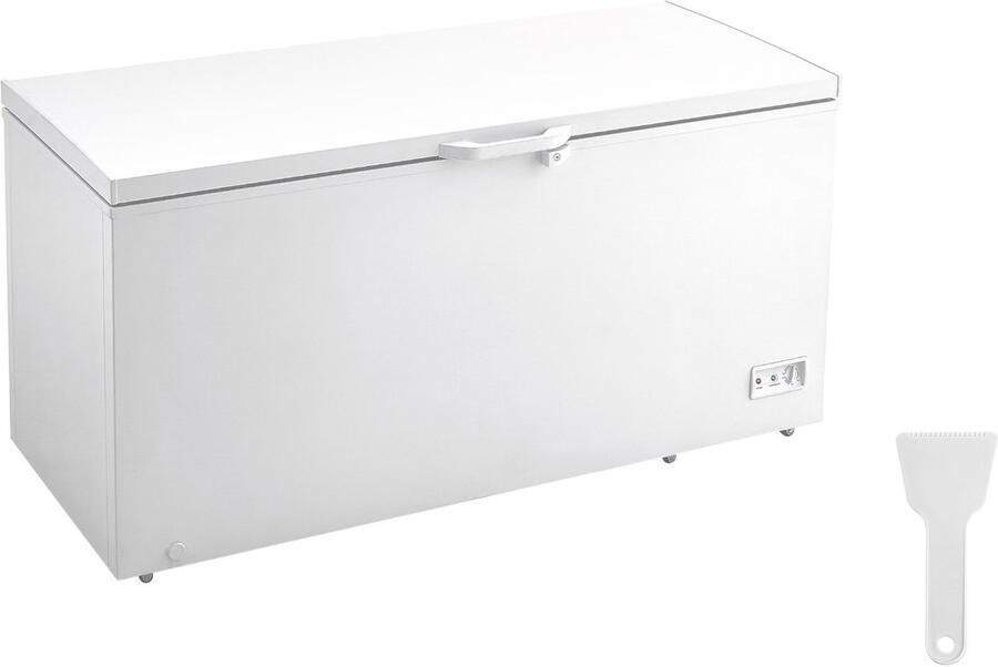 Diepvrieskist met een inhoud van 488 liter inclusief 4 uitneembare manden vrijstaand model met bovenstaande deur en afsluitbaar deksel 7-traps temperatuurregeling