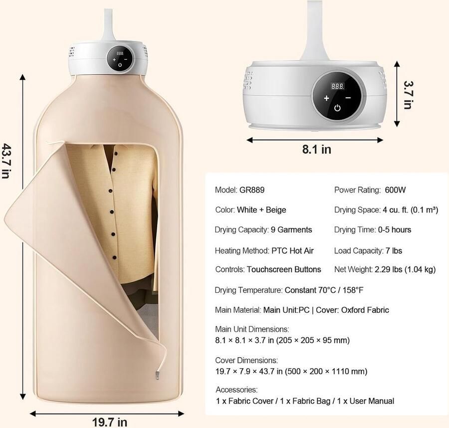 Draagbare Droger Mini Wasdroger Snel Kleding Drogen Inclusief Dry Bag 7 Kledingstukken Naturel