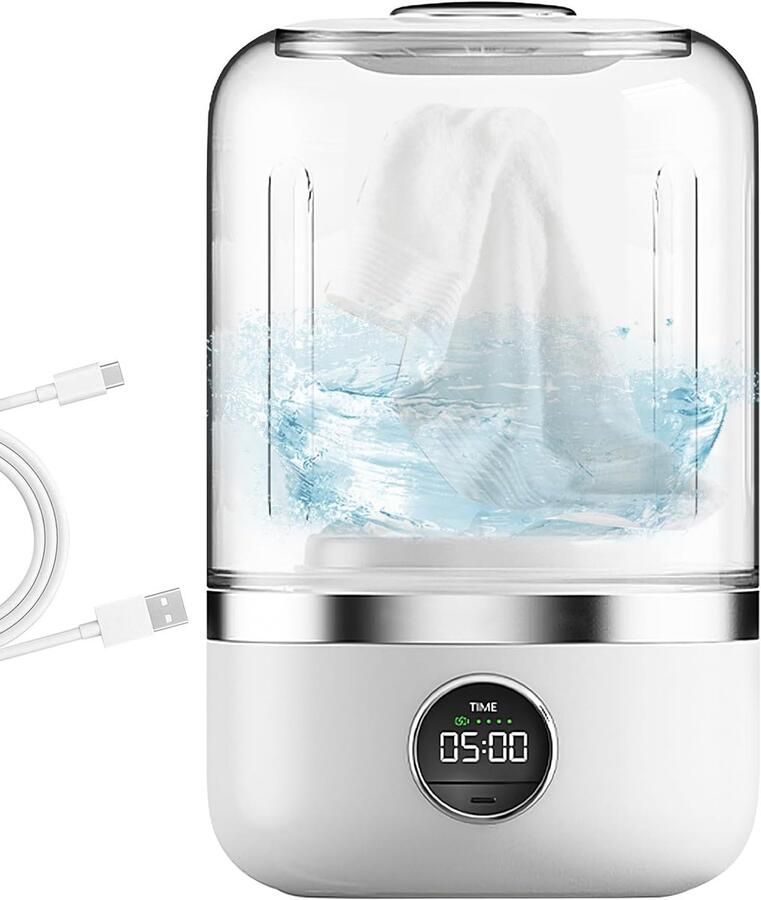 Draagbare Wasmachine Compacte Reis Wasmachine Kleine Wasjes Dubbele Reinigingsmodi 13 x 14.3 x 21.1 cm Wit