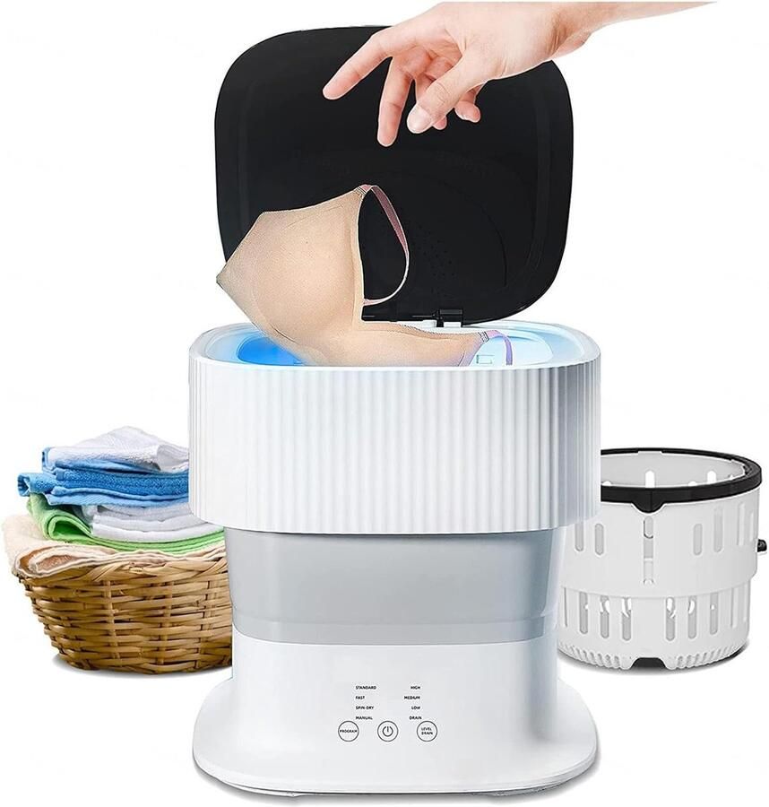 Draagbare Wasmachine Mini Opvouwbaar Apart Wassen Met Blauw Licht 9 Liter Capaciteit Zilver