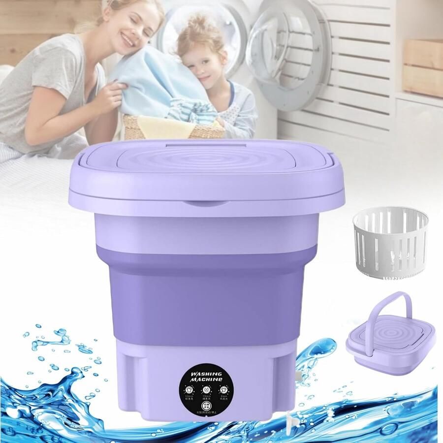 Draagbare wasmachine voor appartementen opvouwbare mini-wasmachine (8 l) met timer (3 standen) trilgolftechnologie en afdruipmand; compacte wasmachine voor babykleding handdoeken ondergoed of kleine artikelen – paars