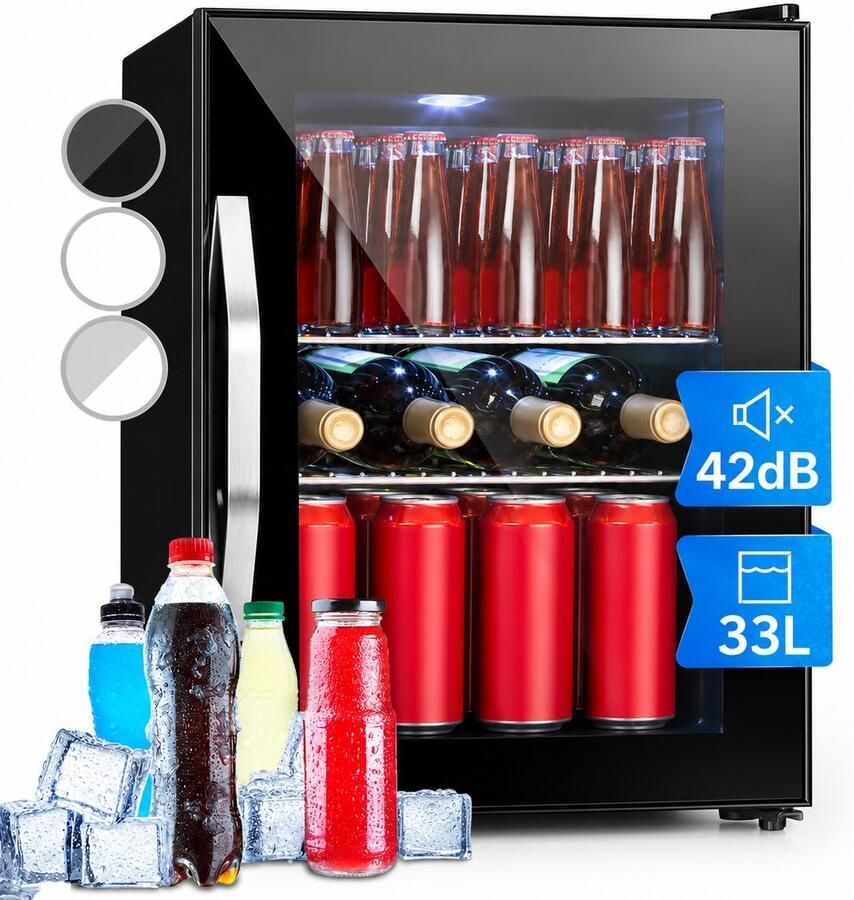 Drankkoelkast met Glazen Deur – Stille Minibar met LED-verlichting en Verstelbare Roosters – 33 Liter – Zwart