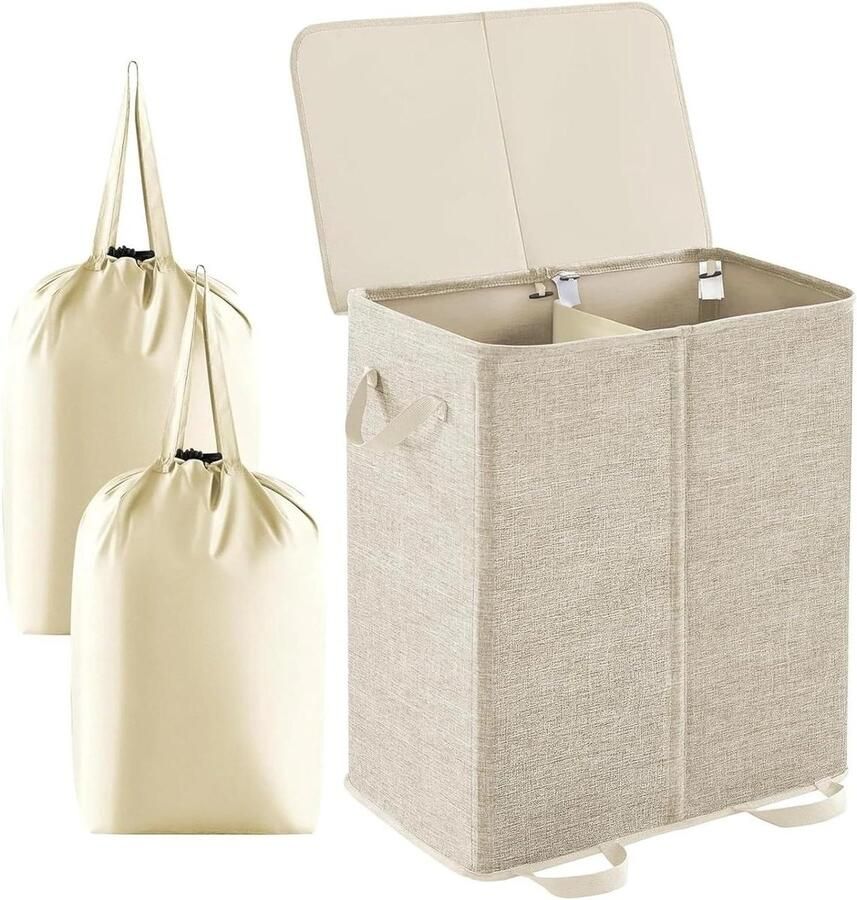Dubbele Wasmand Opvouwbare mand Kleding sorteren Verwijderbare zakken Grote capaciteit Beige