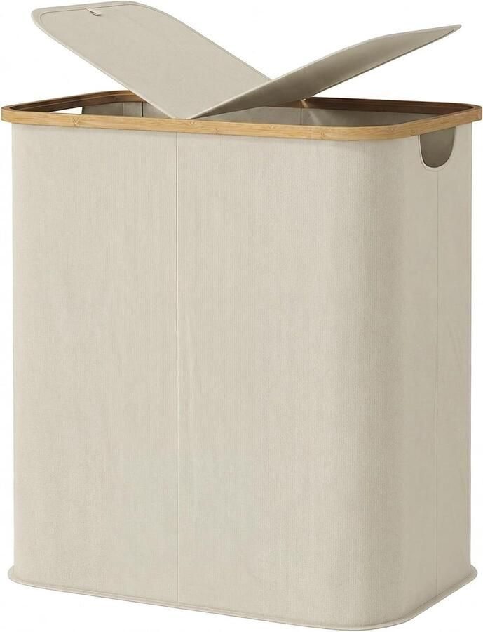 Dubbele wasmand Opvouwbare mand Was sorteren Met deksel 80 liter Beige