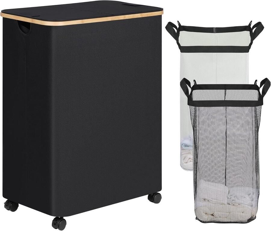 Dubbele Wasmand Vuile Kleding Mand Sorteren Wasgoed Met Wielen Deksel 160 Liter Zwart - Foto 1