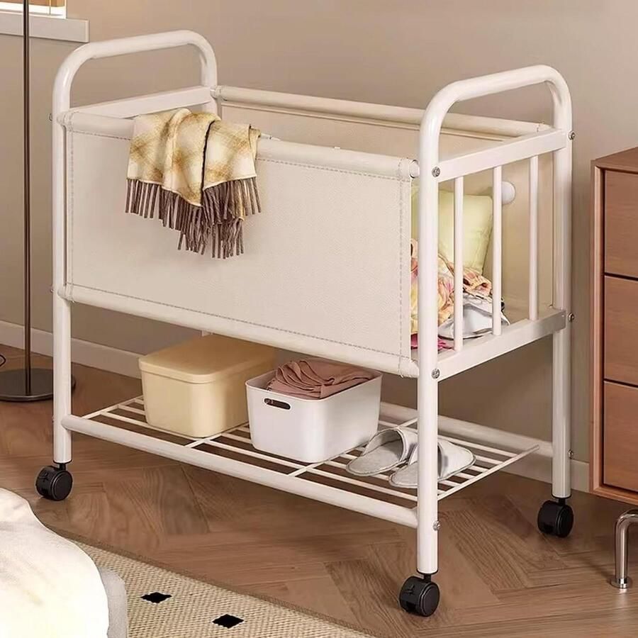 Dubbellaagse Wasmand Rolllende Mand Kleding Opbergen Met Wielen 60x33x78cm Wit
