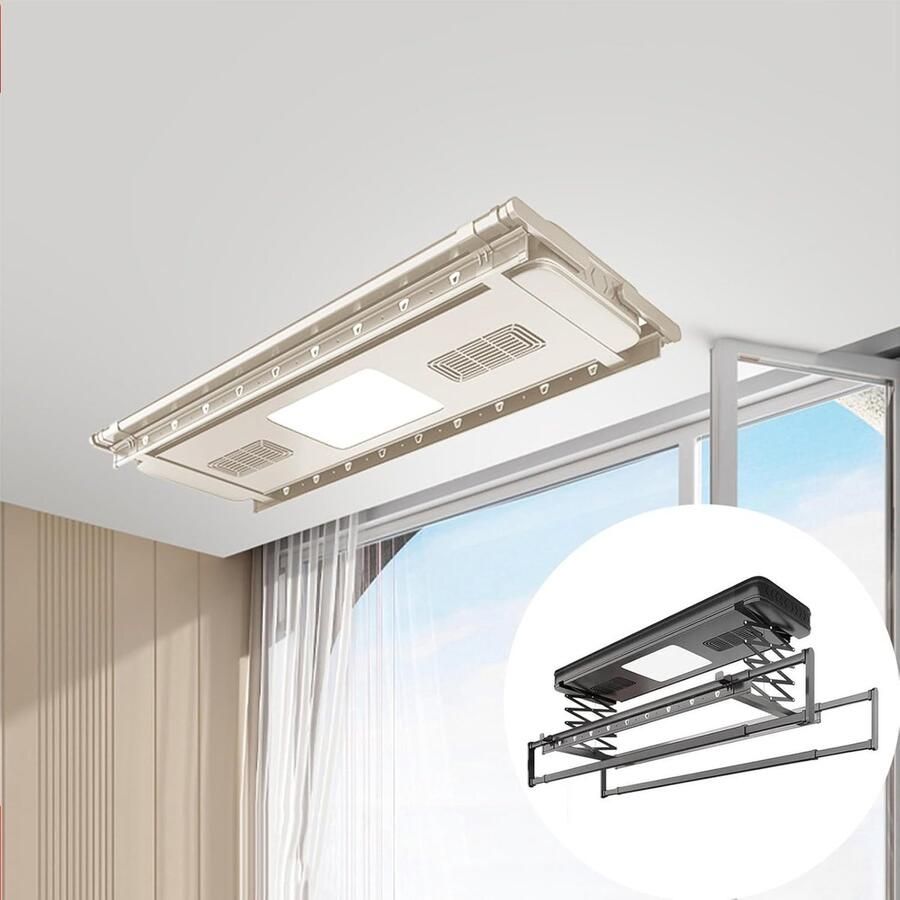 Elektrisch Droogrek Kledinglift Plafond Ruimtebesparend Wassen Afstandsbediening Hefsysteem 119x34cm Wit