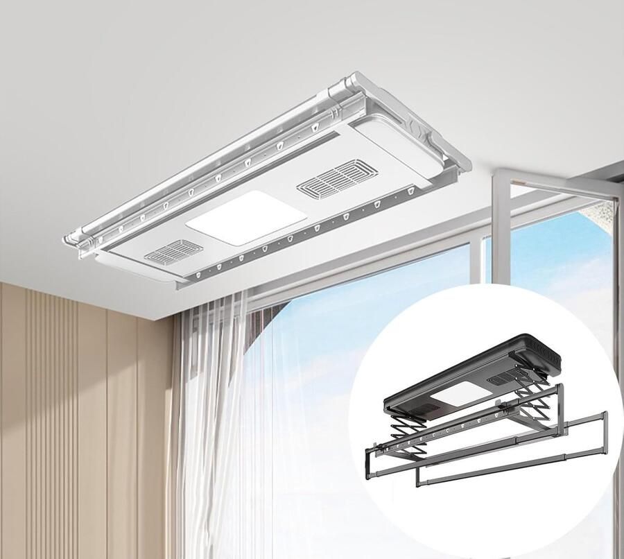 Elektrisch Droogrek Plafond Drooglift Kleding Drogen Afstandsbediening Bediening 50kg Draagvermogen Zilver