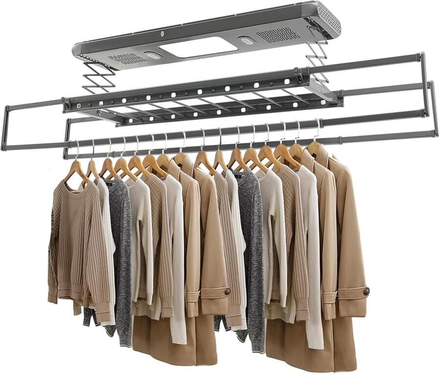 Elektrisch Droogrek Plafondlift Wasrek Ruimtebesparend Droogrek Met LED Ventilator Sterilisatie 130-210 cm Instelbaar Grijs