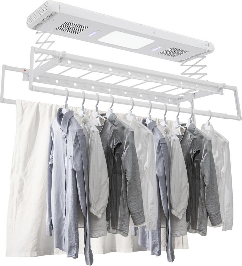 Elektrisch Wasrek Droogrek Plafond Ruimte Besparen Uittrekbaar Met LED 130-215 cm Lengte Wit