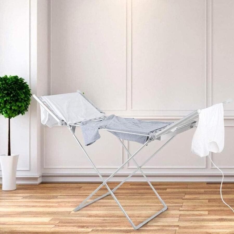 Elektrisch Verwarmd Wasrek Droogrek Met Stangen Kleding Drogen 20 Verwarmde Stangen 147 cm Hoog Zilver