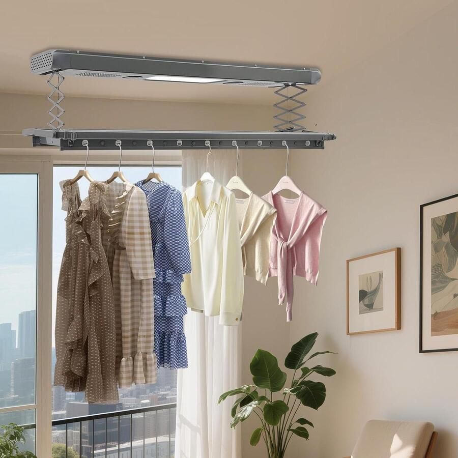 Elektrisch Wasrek Droogrek Plafond Kleding Drogen Met Blauw Licht Sterilisatie 130-215 Cm Uittrekbaar Grijs