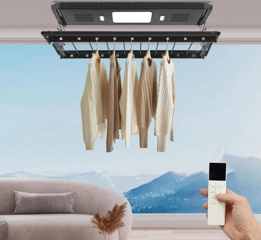 Elektrisch Wasrek Droogrek Wasmachine Kleding Drogen Met Afstandsbediening 130-215 cm Zwart