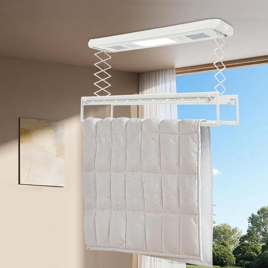 Elektrisch Wasrek Plafond Wasdroger Afstandsbediening Kleding Drogen Blauw Licht Sterilisatie 130-215 cm Wit