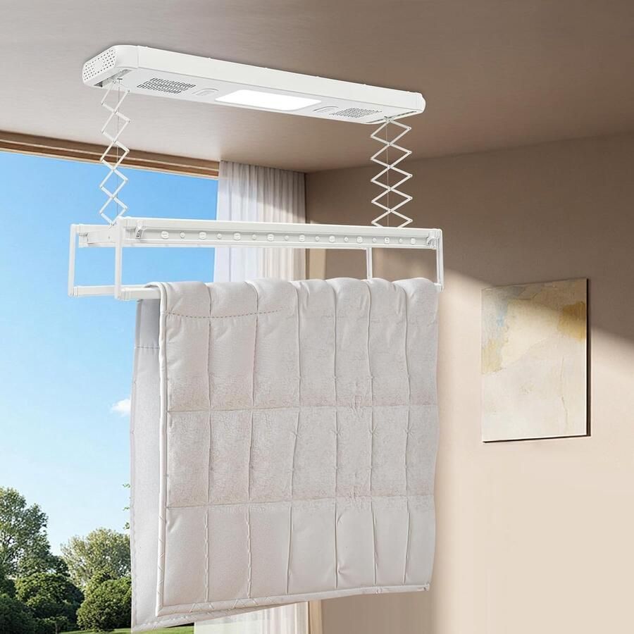 Elektrisch wasrek plafond-wasdroger met afstandsbediening ledlicht 130-215 cm telescopisch 35 kg belastbaar met ventilator telescoopstang steriliseerbaar 220 V voor balkon wit