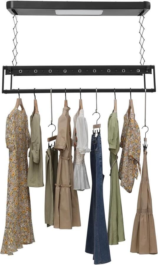 Elektrisch wasrek Plafonddroger uitschuifbaar Kleding drogen Met LED verlichting 130-215 cm instelbaar Zwart