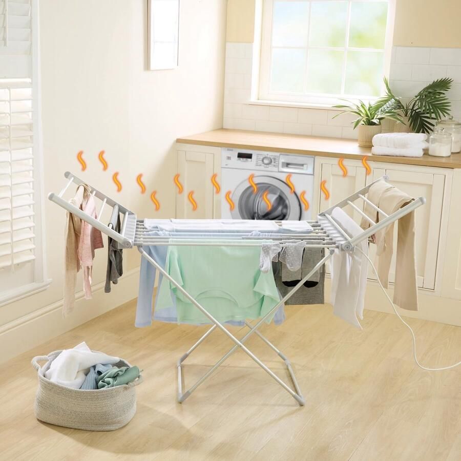 Elektrische Droogrek Opvouwbaar Droogrek Snel Kleding Drogen 18 Verwarmde Stangen 146 x 54 cm Zilver
