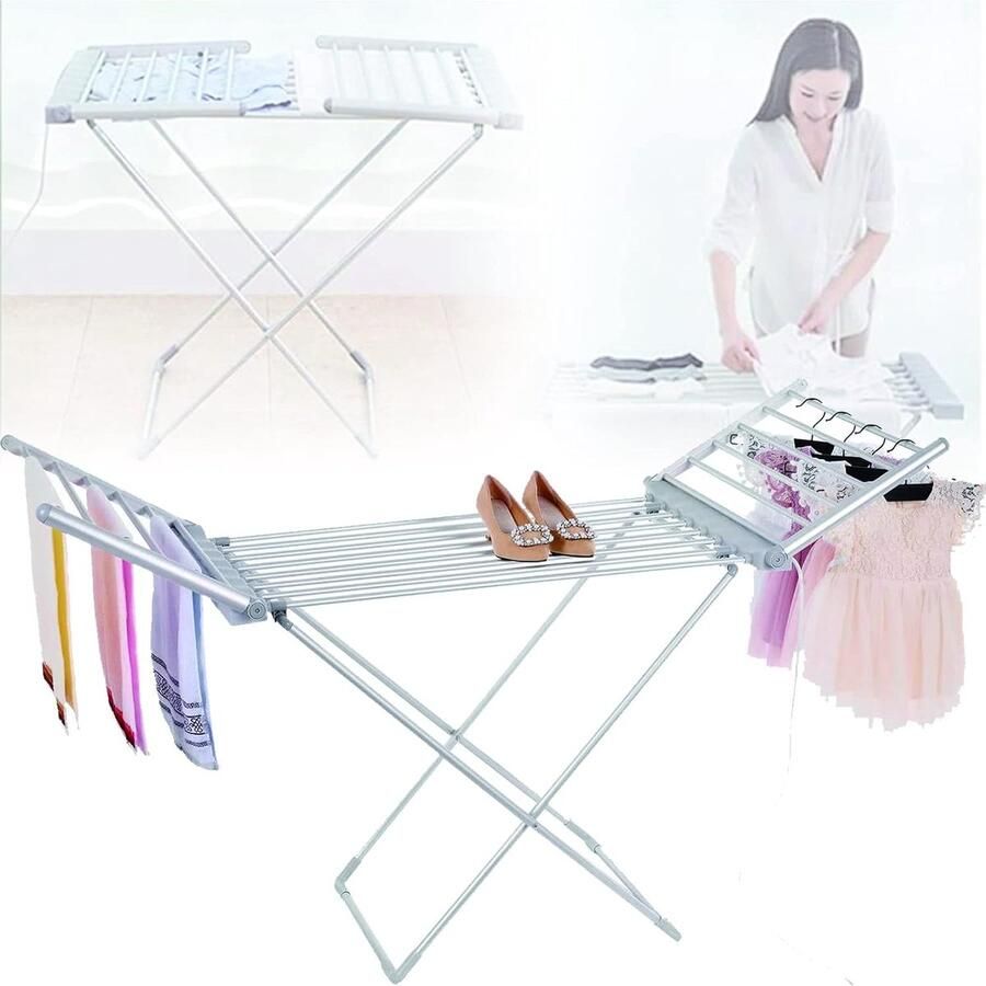 Elektrische Droogrek Verwarmd Kledingrek Kleding Drogen Stabiel Staand Model 147x54x94cm Zilver