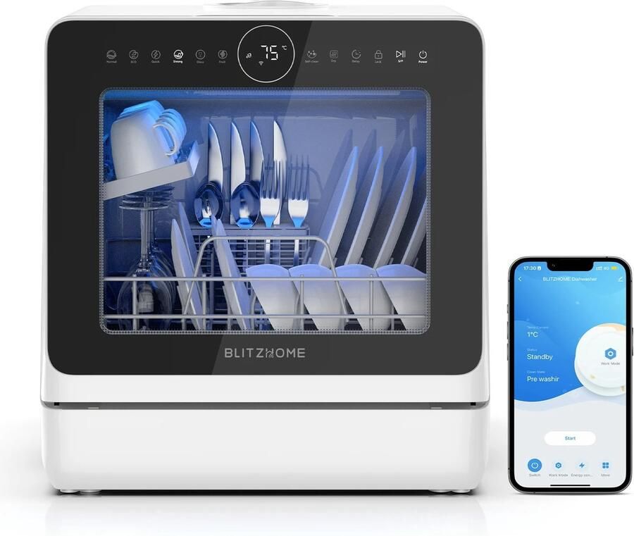 Flolife Mini Vaatwasser Compact Slimme Aanrechtvaatwasser met App-bediening 8 Wasprogramma s 360° Dubbele Spray 5 Liter Watertank