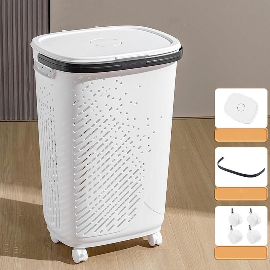 Grote wasmand Opbergbak met deksel Wasgoed organiseren Met wielen en rem
