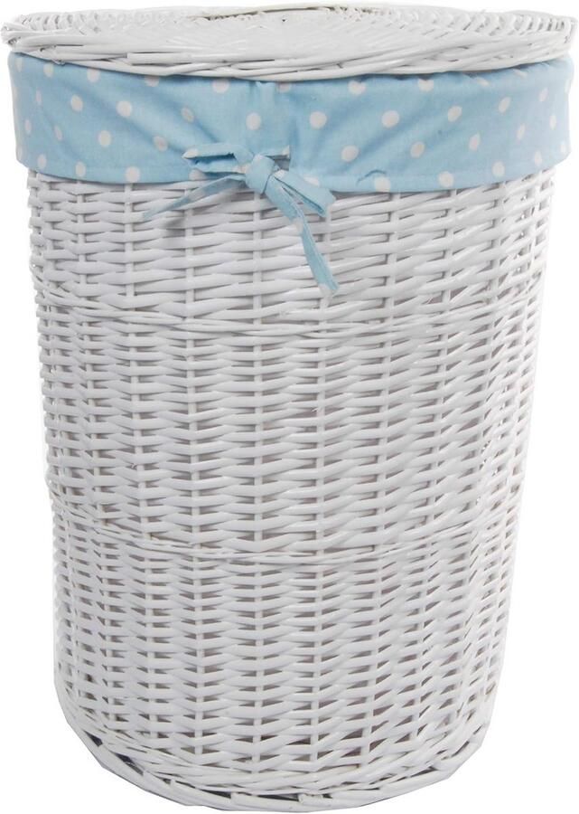 Grote Wasmand van Wilgenhout Wit met Blauwe Accent Inclusief Wasbare Katoenen Bekleding
