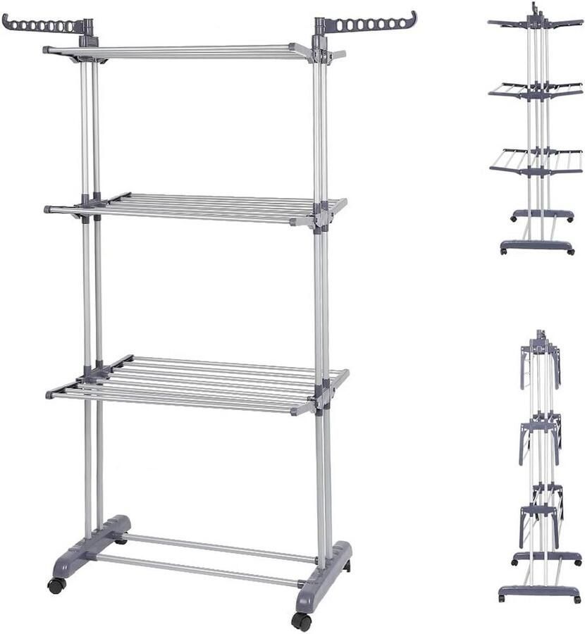 Inklapbare droogtrommel met 3 niveaus 75x64x170 cm grijze en zilveren droogrek voor efficiënt wassen en drogen