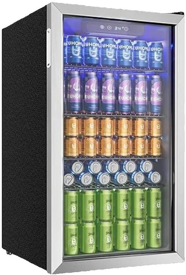 Joorly Mini Koelkast Minibar Drankkoelkast met glazen deur Minibar voor 126 blikjes met LED en temperatuurregeling Wijn en bier koelkast 49×44 5×78 cm Grijs RVS