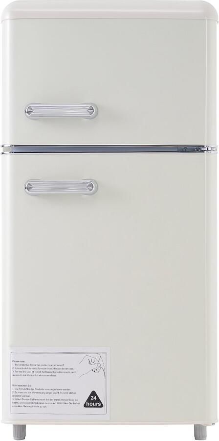 Koelkast dubbeldeurs 46 x 45 x 91 cm totale inhoud 72 liter vriesvak 21 liter jaarlijks stroomverbruik 120 kWh ledverlichting energielabel E verkrijgbaar in meerdere kleuren geschikt voor keukens kinderkamers en appartementen