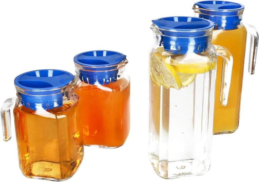 Koelkastkruiken Set Glazen Karaffen Dranken Serveren Vierkante Vorm Set van 4 Blauw Deksel