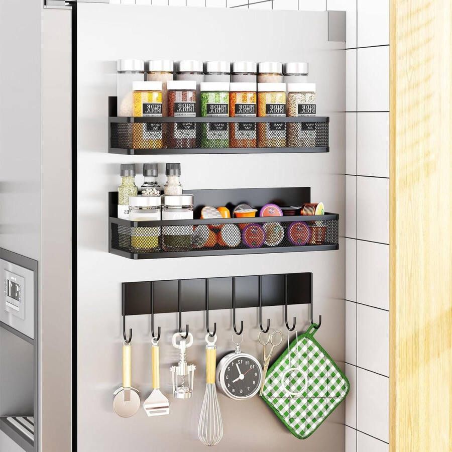 Kruidenrek voor Koelkast Magnetisch- 3 Pak Magnetische Plank Verplaatsbaar- Koelkast Organisator met 8-Haak Rek- Keuken Organisatie en Opslag Wasmachine rek